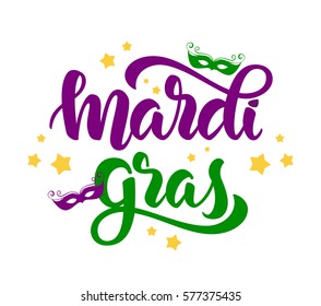 Vector illustration: Handwritten modern brush lettering of Mardi Gras with masks and stars on white background