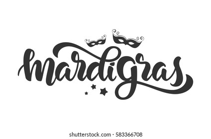 Vector illustration: Handwritten modern brush lettering of Mardi Gras with silhouettes of Carnival masks and stars on white background 