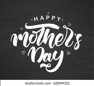 Vector illustration: Handwritten modern brush lettering of Happy Mother's Day with hand drawn hearts on blackboard background.
