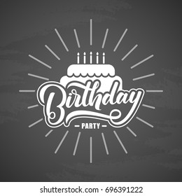 Vector illustration: Handwritten modern brush lettering of Birthday Party with cake on blackboard background. Typography design. Greetings card
