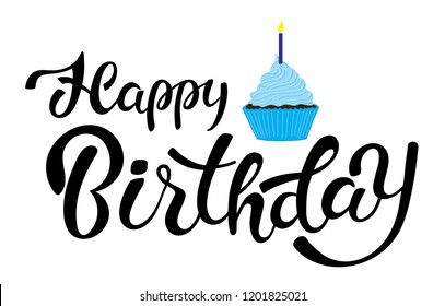 Vector illustration: Handwritten modern lettering of Happy Birthday isolated on white background with birthday cake and candle. Typography design. Greetings card.