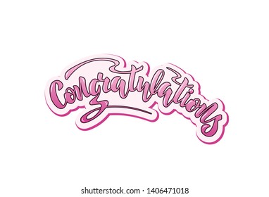 Vector illustration with handwritten phrase - Congratulations. Lettering. Drawn art sign. Isolated word. Pink text on a pink background. For logotype, icon, greeting card, postcard, logo, banner