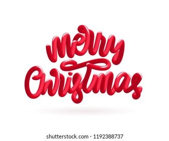 Vector illustration: Handwritten Red 3D calligraphic lettering of Merry Christmas on white background