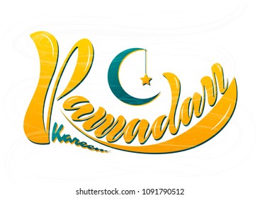 Vector illustration of handwritten text, inscription Ramadan Kareem banner, postcard with Islamic geometric patterns, moon, star, lantern frame.