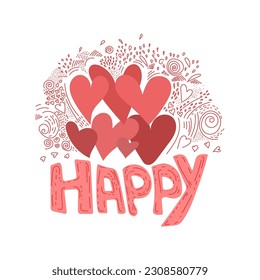 Vector illustration of handwritten text on a white isolated background. Lettering happy with hearts