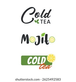 Vector illustration with handwritten text: two versions of "Green Tea" and one "Mojito" on a white background. Perfect for tea and cocktail labels, menu design, packaging, and branding.