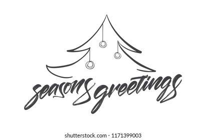 Vector illustration: Handwritten textured brush lettering of Season's Greetings with Christmas tree.