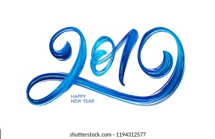 Vector illustration: Handwritten textured brush stroke blue acrylic paint lettering of 2019. Happy New Year 