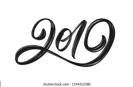 Vector illustration: Handwritten textured brush lettering of 2019 on white background. Chines calligraphy