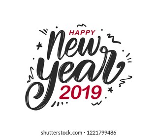 Vector illustration. Handwritten textured brush lettering of Happy New Year with doodles decoration on white background.