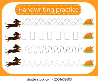 vector illustration of a handwritten training sheet with a funny dachshund dog running to a grilled chicken. Preparing for school