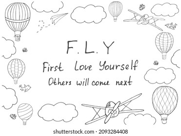 Ilustración vectorial, palabras manuscritas 'F.L.Y. Primero te quiero en el marco dibujado a mano. Plantilla editable con capas para carteles, tarjetas, postales, impresiones y otros diseños