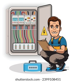 Vector illustration of handyman checking cables of switchboard panel.