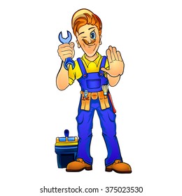 Vector illustration of a handyman holding a spanner in his hand. Made in comic cartoon style.