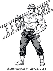 vector illustration of a handyman lifting a ladder