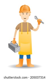 Vector illustration of Handyman/Builder/Craftsman holding wrench and toolbox