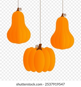 Vector illustration of hanging 3d pumpkins in paper cut effect on transparent background