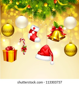 vector illustration of hanging bauble and gift box for Christmas