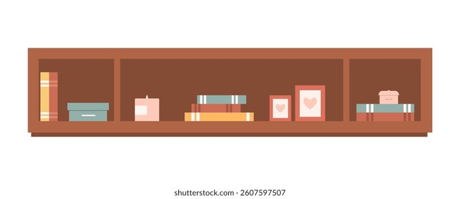 Vector illustration of a hanging bookshelf in flat design. Modern, minimalist storage unit for books, decor, and plants. Stylish and functional wall-mounted piece for home or apartment interior.