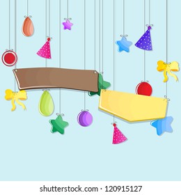 vector illustration of hanging cap and balloon in Birthday background