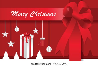 Vector and illustration of hanging Christmas decoration with gift box. Origami Xmas and new year celebration in digital paper art style concept
