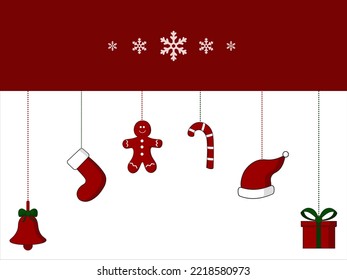 Vector illustration of hanging christmas decorations on a red and white background. Greeting card layout design