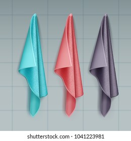 Vector illustration of hanging colored cotton or terry towels draped isolated on tiled wall