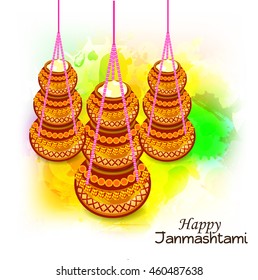 Vector illustration of hanging dahi handi for Happy Krishna Janmashtami with colorful grungy background.