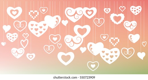 vector illustration of  hanging decoration with hearts on blurred background for Valentines Day decoration and greeting cards