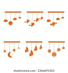 Vector illustration of hanging decoration of moon, plane stars and clouds over white background