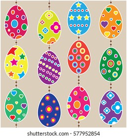 Vector illustration of hanging Easter eggs.