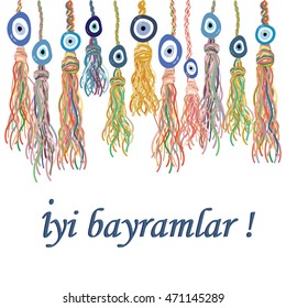 vector illustration of hanging ethnic style decoration with turkish blue eye nazar boncugu charms and greeting in turkish language which means Happy Holiday