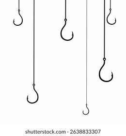 Vector illustration of a hanging fishing hook on a white background. The concept of a fishing hook being lowered into the water to catch fish.