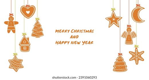Vector illustration of hanging ginger cookies. Christmas cookies of various shapes, such as a man, a house, an angel, a snowflake. Template with an empty space for the banner.