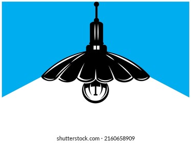 Ilustración vectorial con lámpara colgante y brillante y lugar para texto, plantilla para banner o sitio. Fondo azul.