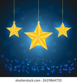 Vector illustration of hanging golden stars with bokeh background