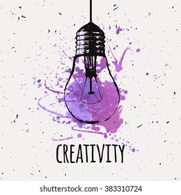 Vector illustration with hanging grunge light bulb with watercolor splash. Modern hipster sketch style. Idea and creativity concept.