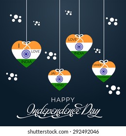 Vector illustration of a hanging hearts covered with Indian Flag for Happy Independence Day.