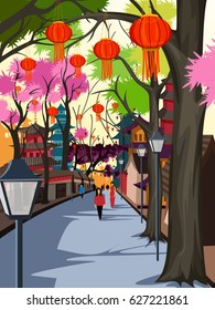vector illustration of hanging lantern decorated city of China