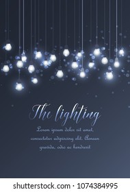 Vector illustration of hanging light bulbs on a gray background. Cheerful party and celebration