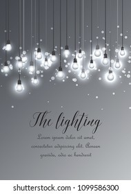 Vector illustration of hanging light bulbs on a grey background. Cheerful party and celebration