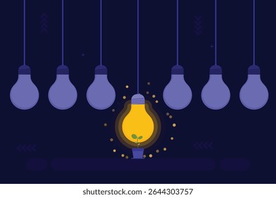Ilustração vetorial de lâmpadas suspensas contra um fundo azul escuro, com uma lâmpada iluminada em amarelo. Dentro deste bulbo brilhante é uma pequena planta em vaso