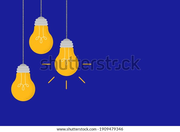 Vector illustration with hanging light bulbs: one is\
glowing, others is turned off. Set in cartoon style with trendy\
grain shadow. Concept of business, thinking, creativity, finding\
solution, idea