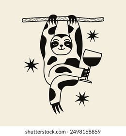 Vector illustration with hanging on tree sloth and glass of wine or other drink. Black white monochrome print design with animal and stars, apparel print, wall decoration poster, bar menu element