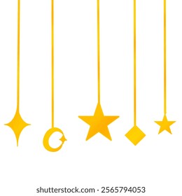 "Vector illustration of hanging ornament decorations in the shapes of moon, stars, and diamonds with a minimalist gold design. Perfect for Christmas, Ramadan, or graphic designs requiring elegant and 