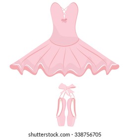 Vector illustration hanging pink ballet pointes and ballet dress. Pointes shoes and ballet tutu for ballerina.