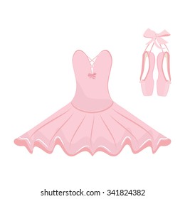 Vector illustration hanging pink ballet pointes and ballet dress. Pointes shoes and ballet tutu for ballerina.