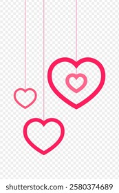 Vector illustration of hanging pink hearts on transparent background