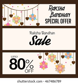 Vector illustration of a Hanging Rakhi Sale Banner/Header for indian festival of raksha bandhan celebration.