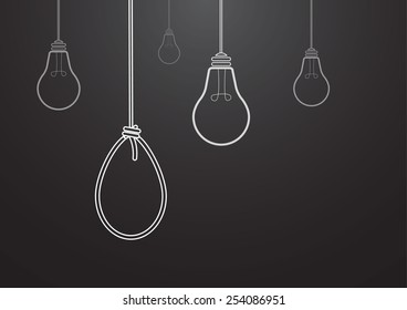 vector  illustration hanging rope and bulb , ideas, trap ,dark background , bad ideas  